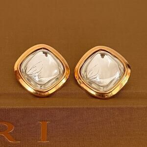 Vintage Trifari signed gold Tone Clear glass stone diamond shape Earrings